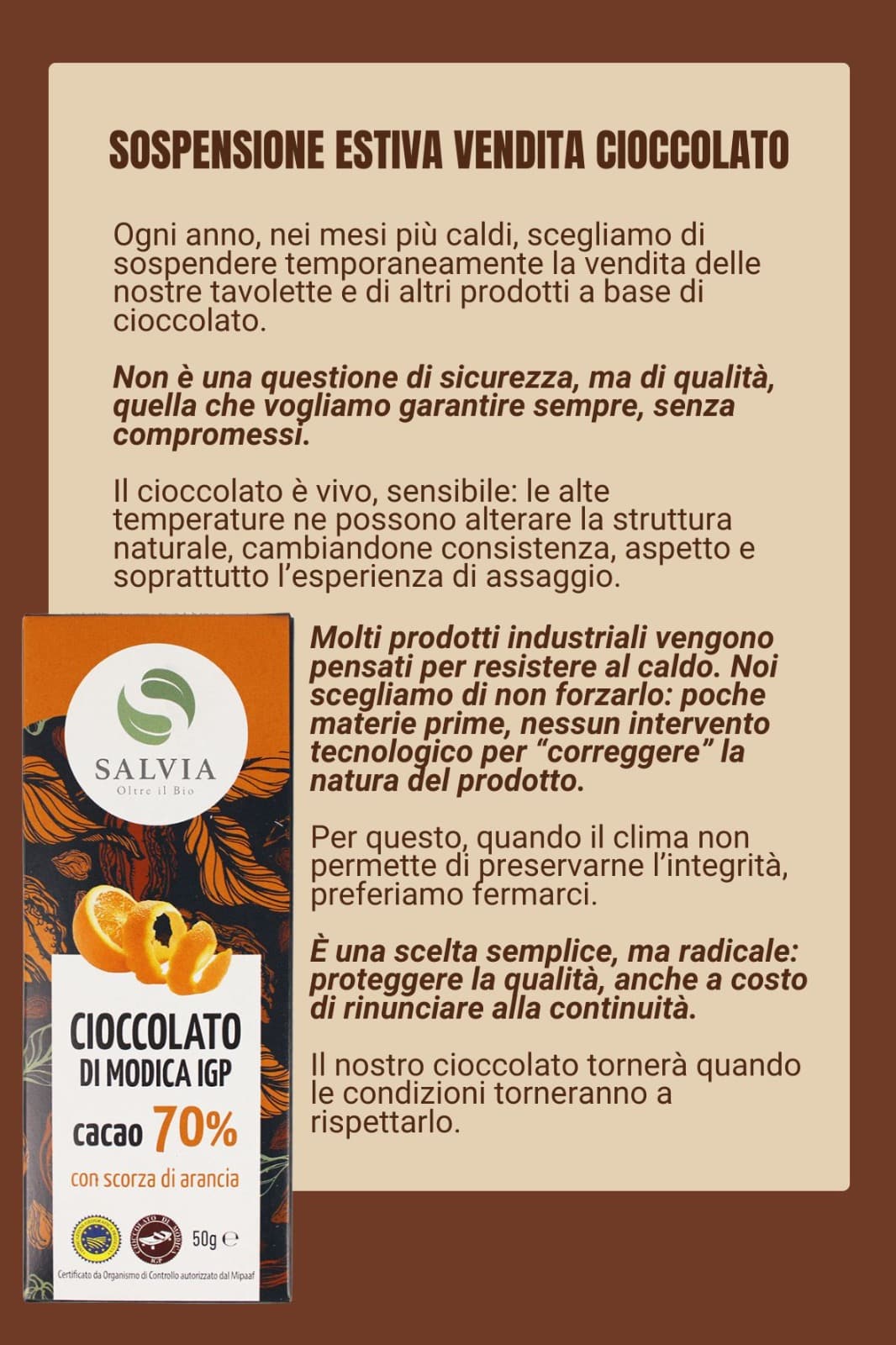 Cioccolato di modica igp bio 70% cacao - con scorza d'arancia - 50g